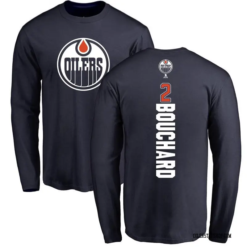 Men's Evan Bouchard Edmonton Oilers Backer Long Sleeve T-Shirt - Navy