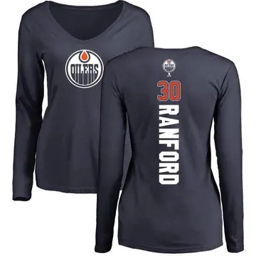 Women's Bill Ranford Edmonton Oilers Backer Slim Fit Long Sleeve T-Shirt - Navy