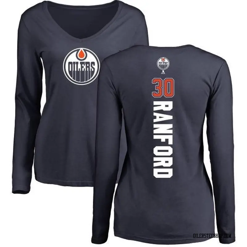 Women's Bill Ranford Edmonton Oilers Backer Slim Fit Long Sleeve T-Shirt - Navy
