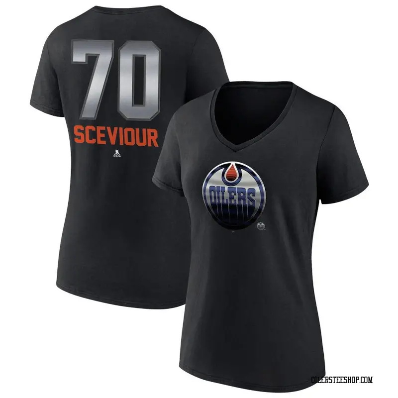 Women's Colton Sceviour Edmonton Oilers Black Midnight Mascot Logo V-Neck T-Shirt