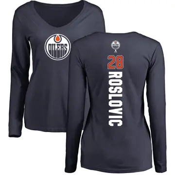 Women's Jack Roslovic Edmonton Oilers Backer Slim Fit Long Sleeve T-Shirt - Navy