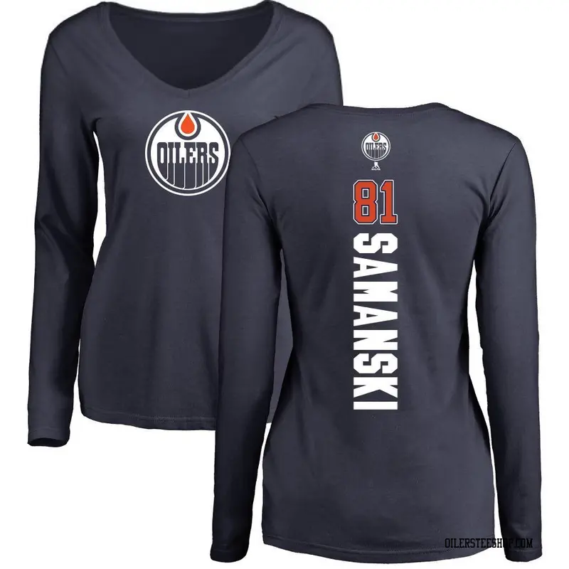 Women's Josh Samanski Edmonton Oilers Backer Slim Fit Long Sleeve T-Shirt - Navy