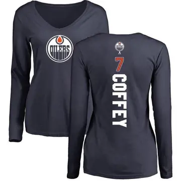 Women's Paul Coffey Edmonton Oilers Backer Slim Fit Long Sleeve T-Shirt - Navy