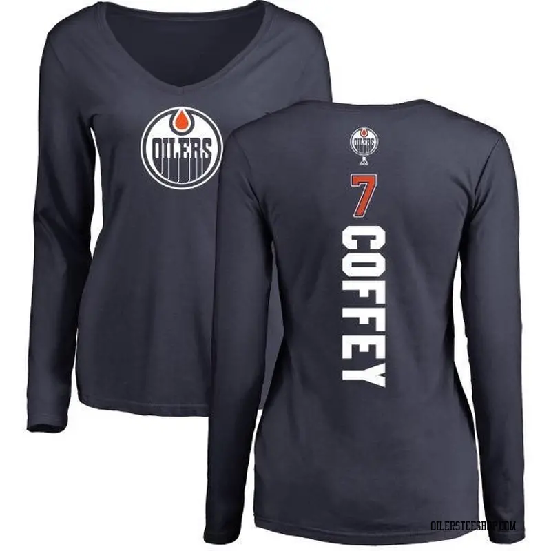 Women's Paul Coffey Edmonton Oilers Backer Slim Fit Long Sleeve T-Shirt - Navy