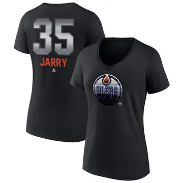 Women's Tristan Jarry Edmonton Oilers Black Midnight Mascot Logo V-Neck T-Shirt